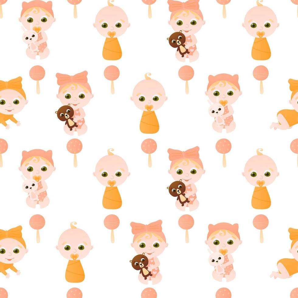 Seamless pattern with cute infant characters and rattles on white background in cartoon style for wrapping paper vector