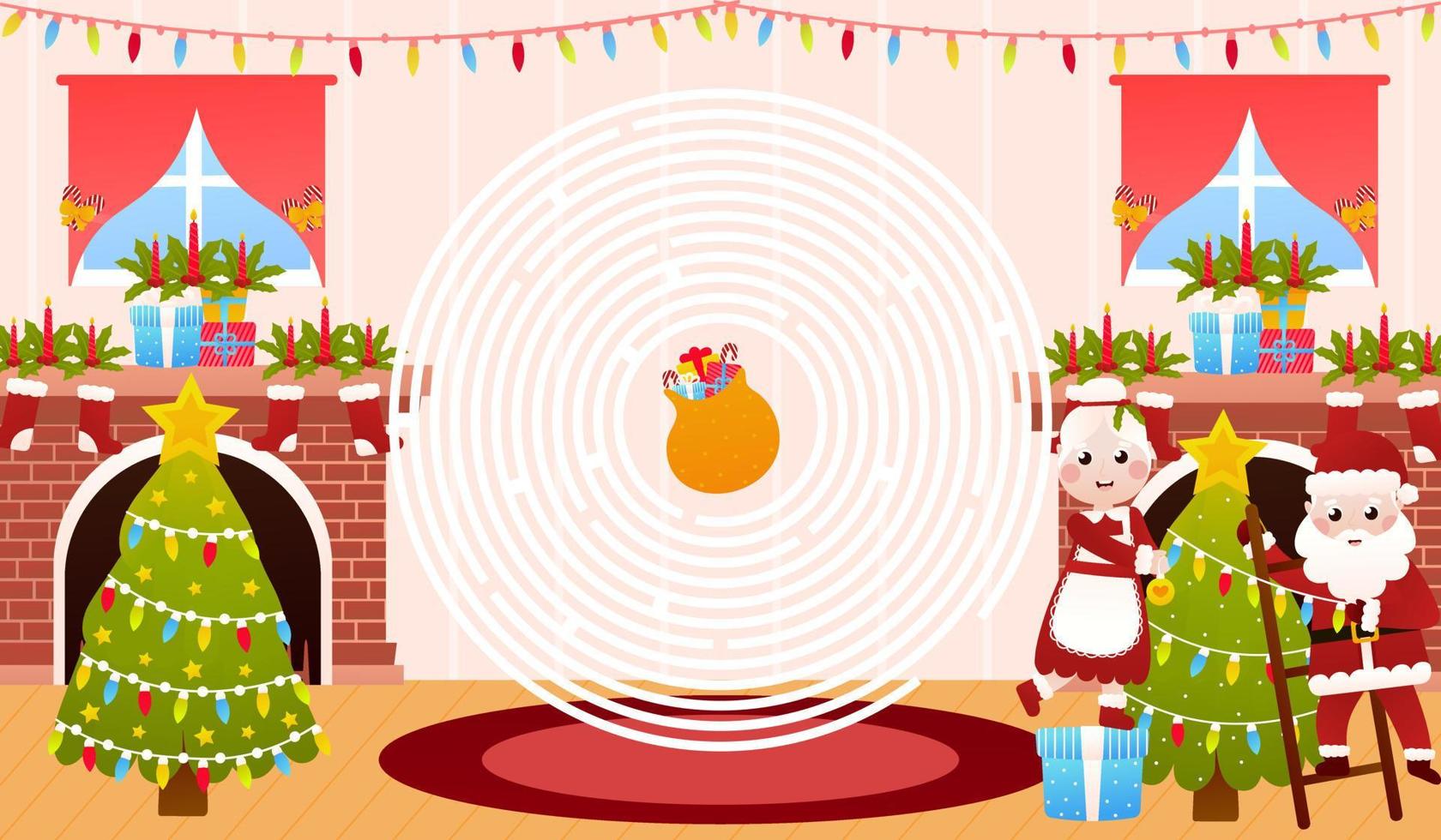 acertijo navideño para niños con mrs y mrs claus decorando el árbol de navidad, juego de laberinto circular, hoja de trabajo imprimible vector