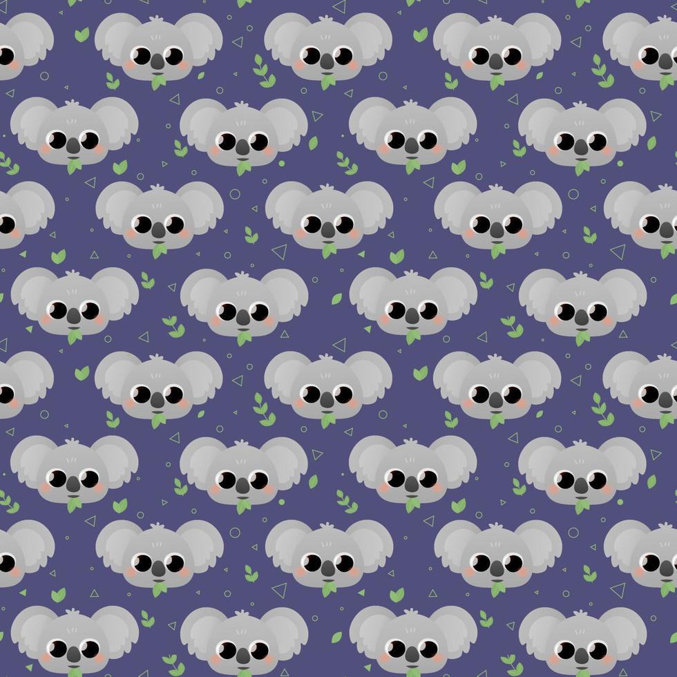 Cute childish pattern with koalas and leaves and triangles, circles on dark blue background for textile or fabric print, wrapping paper or wallpaper vector