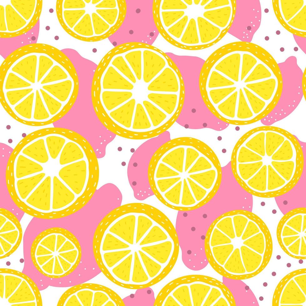 Colorful seamlesss lemon slices ornate with pink and yellow on white