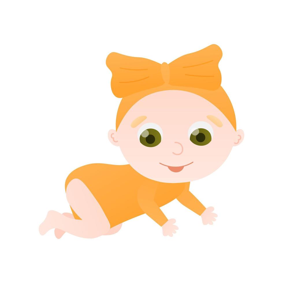 linda niñita con traje amarillo, niño pequeño arrastrándose en estilo de dibujos animados aislado en fondo blanco, baby shower vector