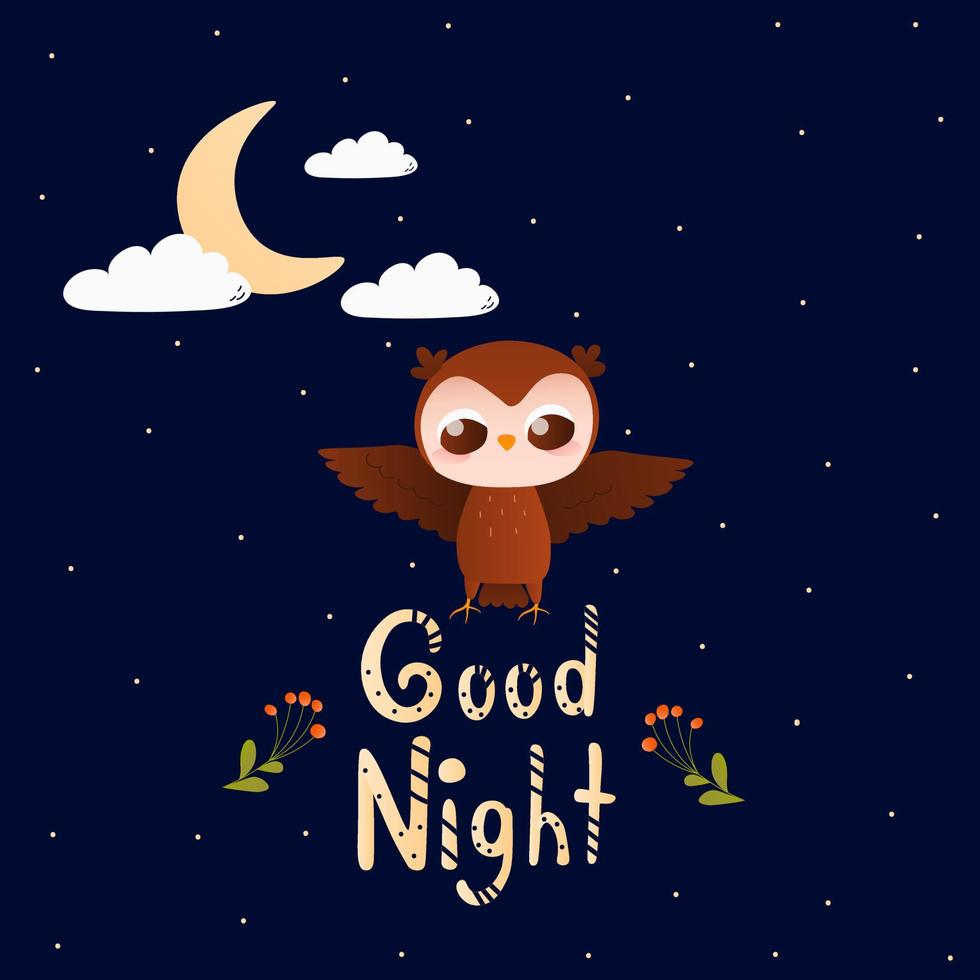 letras infantiles buenas noches con un lindo personaje animal búho volando, luna y flores, tarjeta de invitación mágica o afiche vector