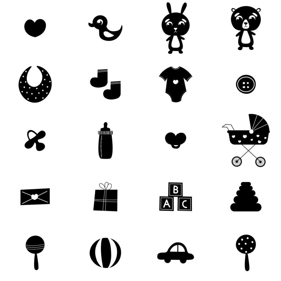 Baby shower icon set, black and white silhouette of toddler items, toys and clothes isolated on white background vector