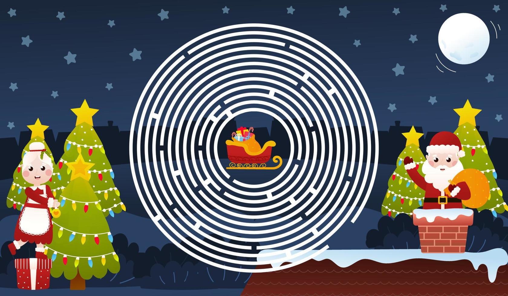 acertijo navideño para niños con santa claus saludando desde la chimenea y la señora claus decorando el árbol de navidad, laberinto circular vector