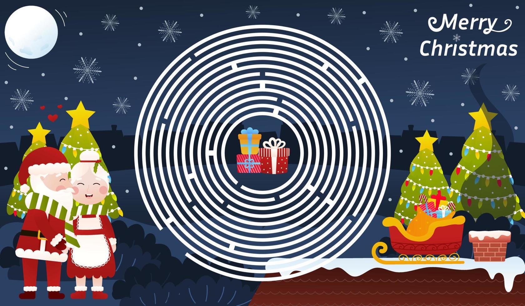 acertijo navideño para niños con santa claus y la señora claus besándose bajo el muérdago, juego de laberinto circular vector