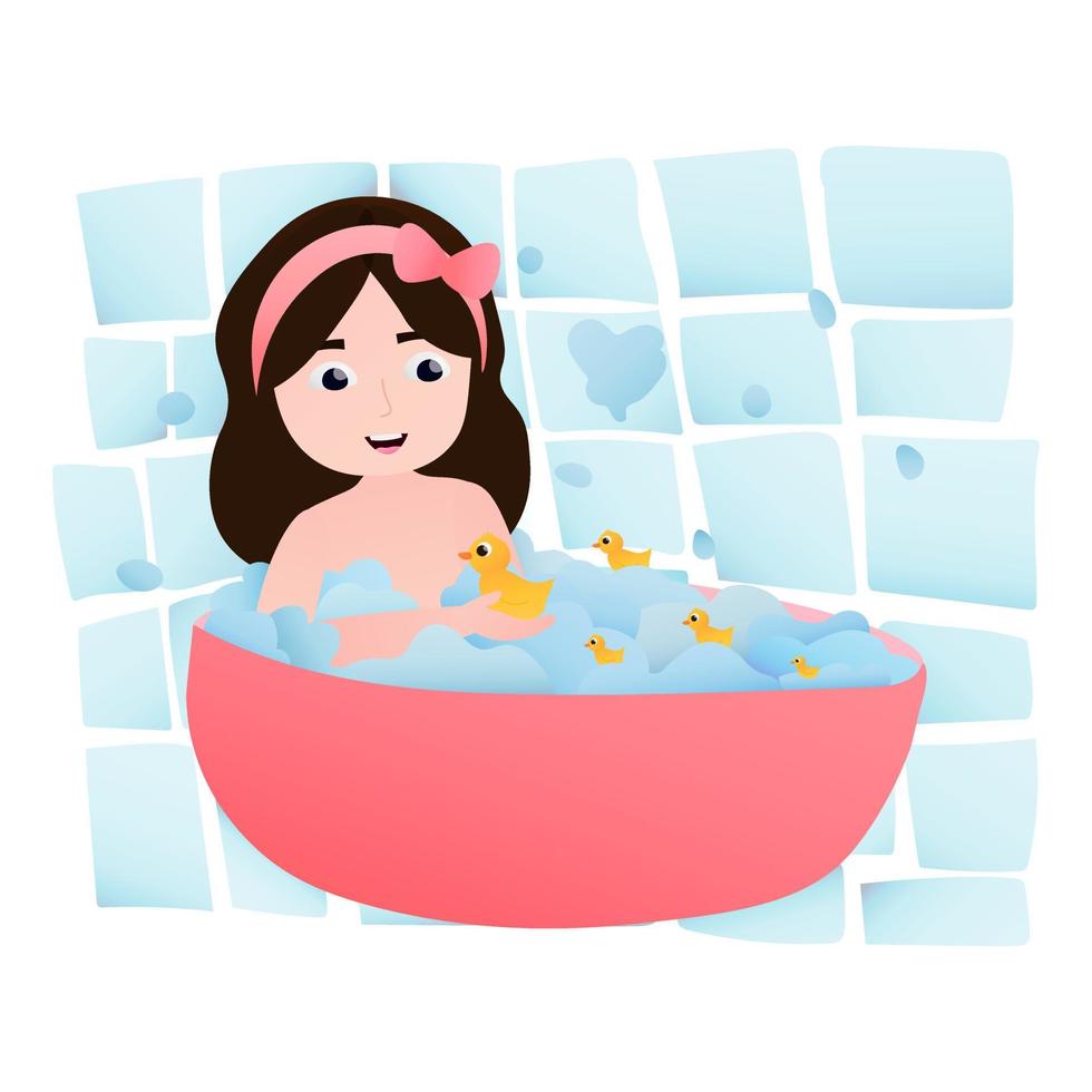 Happy little girl taking bath, daily routine activity, bathtub with foam bubles, yellow rubber ducks, games in bathroom, having fun vector