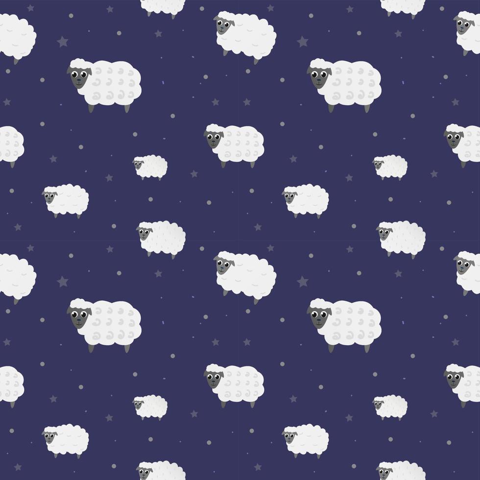 Sleeping sheeps seamless childish pattern for wallpaper or wrapping paper with moon, stars, nursery decoration in cartoon style vector