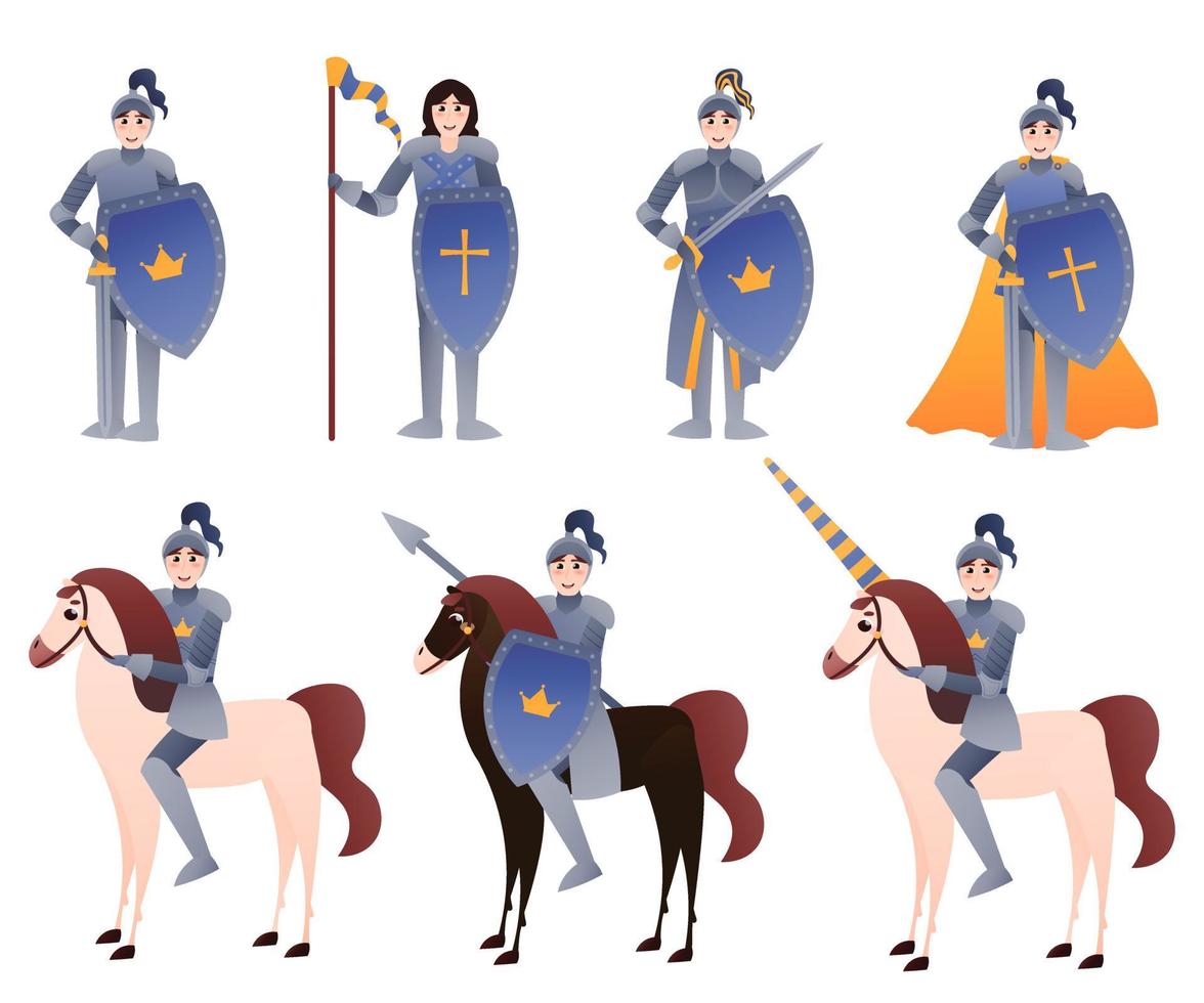 conjunto de caballeros medievales con diferentes objetos en estilo de dibujos animados, armaduras con espadas, armas sobre fondo blanco, guardias montando a caballo, tema de colección de guerreros vector