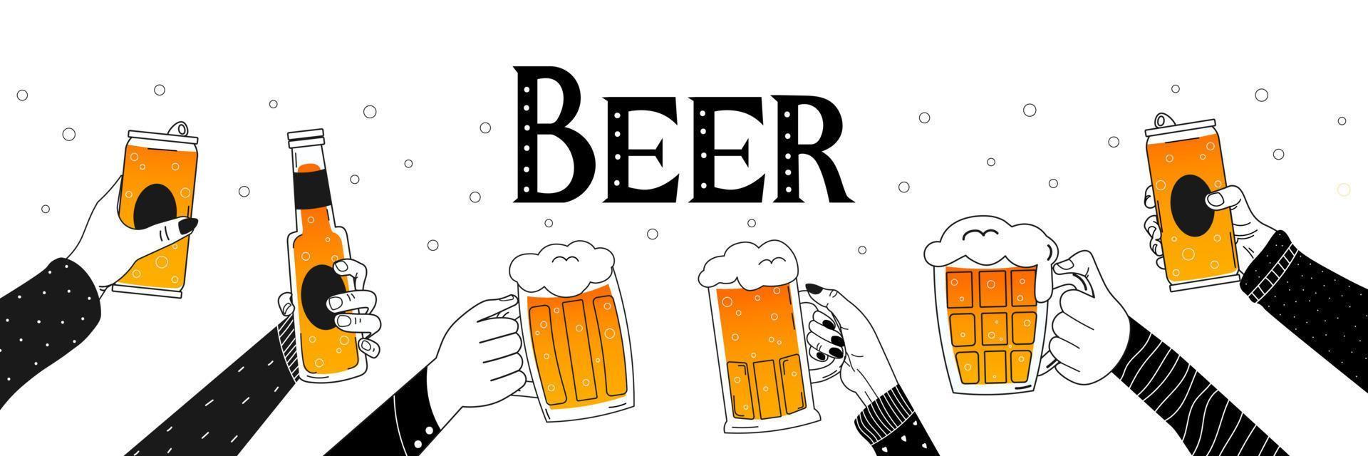 Hands holding glasses of beer with lettering, banner for octoberfest, brewery design, party celebration, beer festival vector