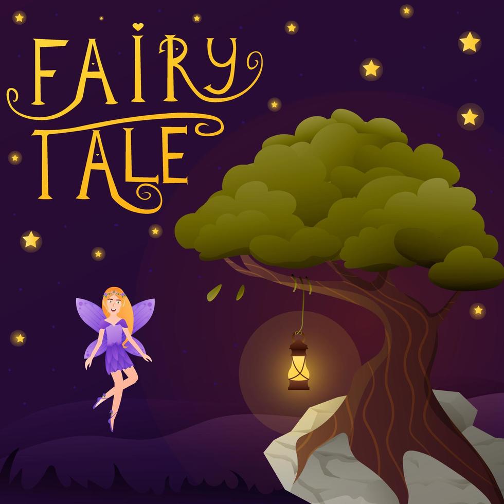 Fairy tale lettering with magical tree and little cute fairy flying, night scene in fantasy forest land in carton style vector
