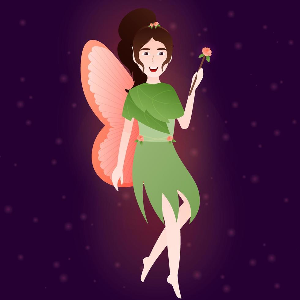 Little girl waving magical wand, colourful fairy flying in cartoon style on dark background, fantasy world creature vector
