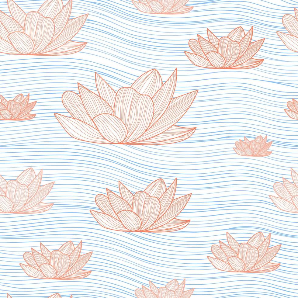 Colorful lotus on water line art seamless pattern for print or textile, Japanese style and vibes, ornate vector