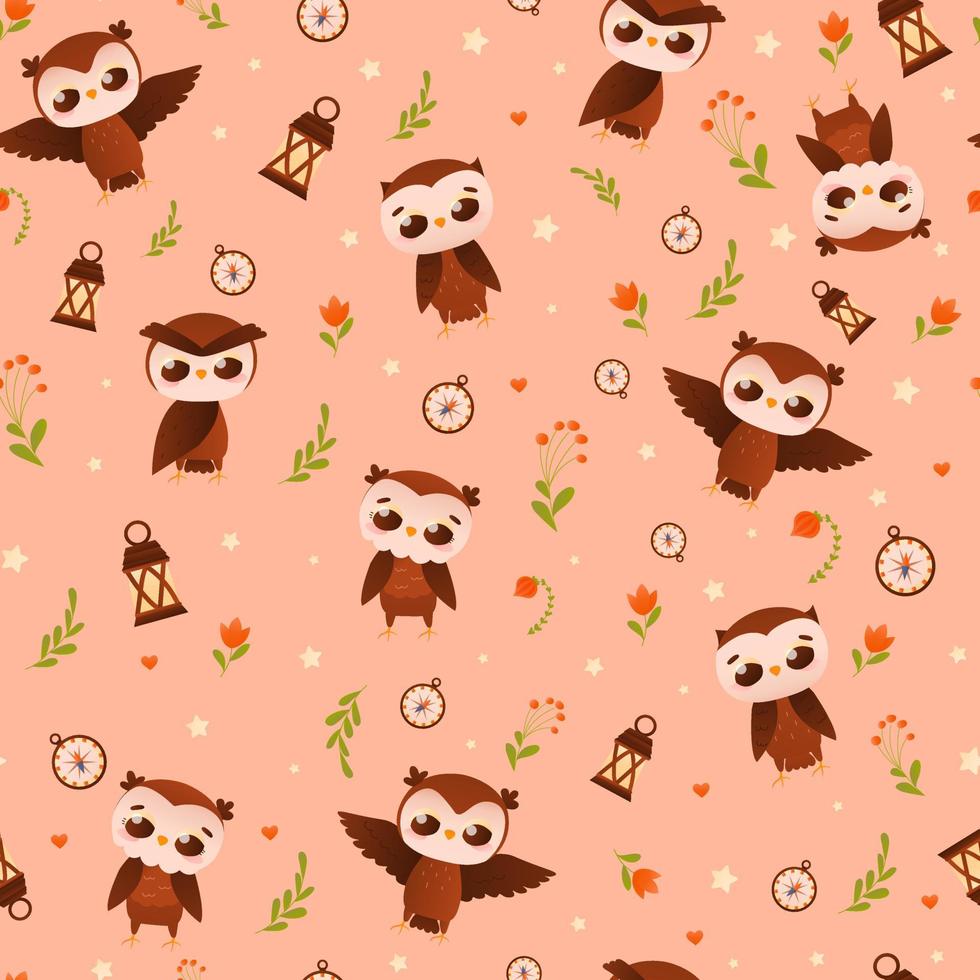 Childish bedding cute seamless pattern with owl animal character in different poses with flowers vector