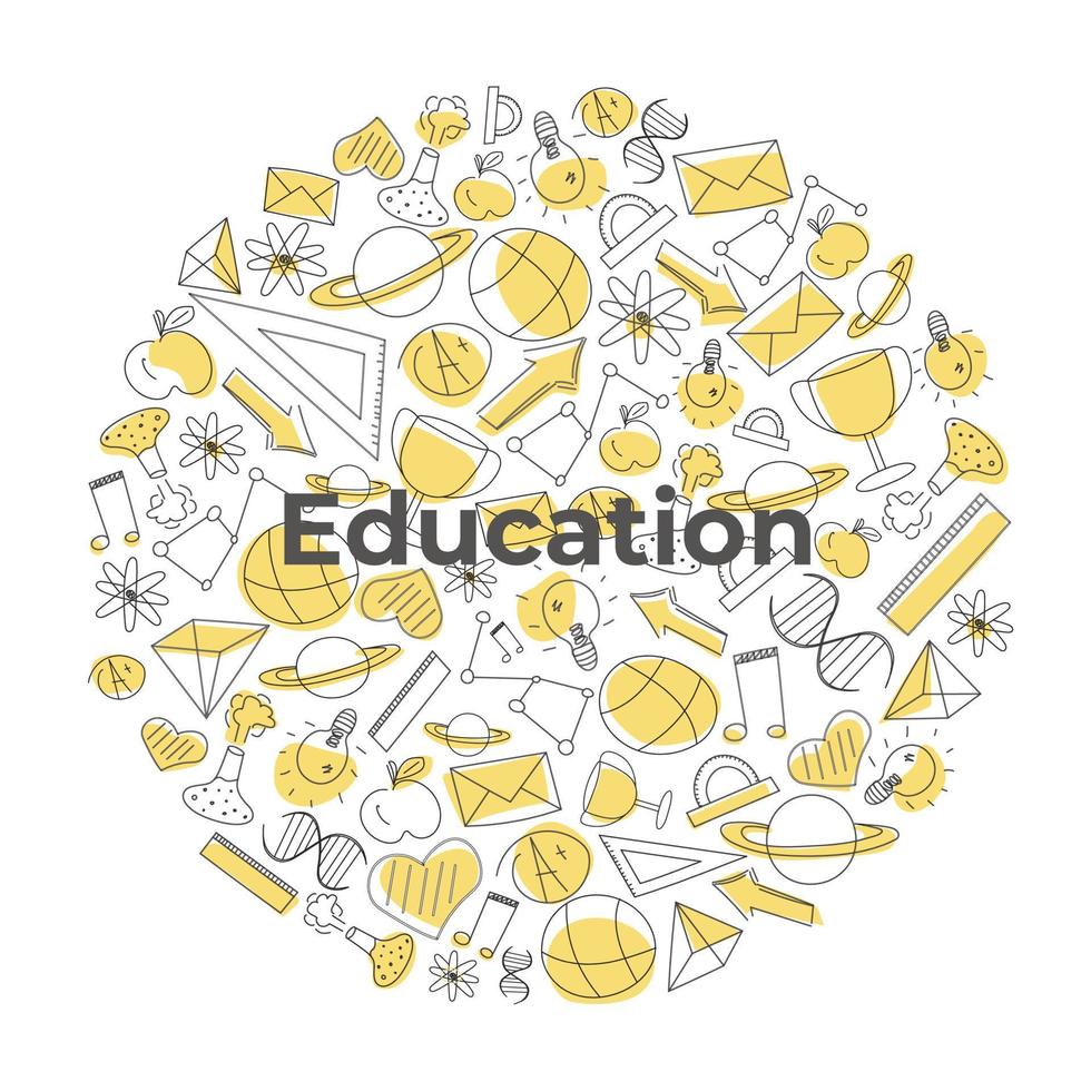 Hand drawn doodle for school theme in circle frame with yellow spots, educatinal illustration for background or wallpaper, print or textile, icons for kids vector