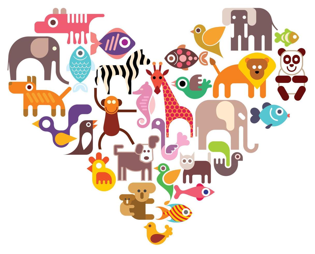 forma de corazón con iconos de vectores de animales