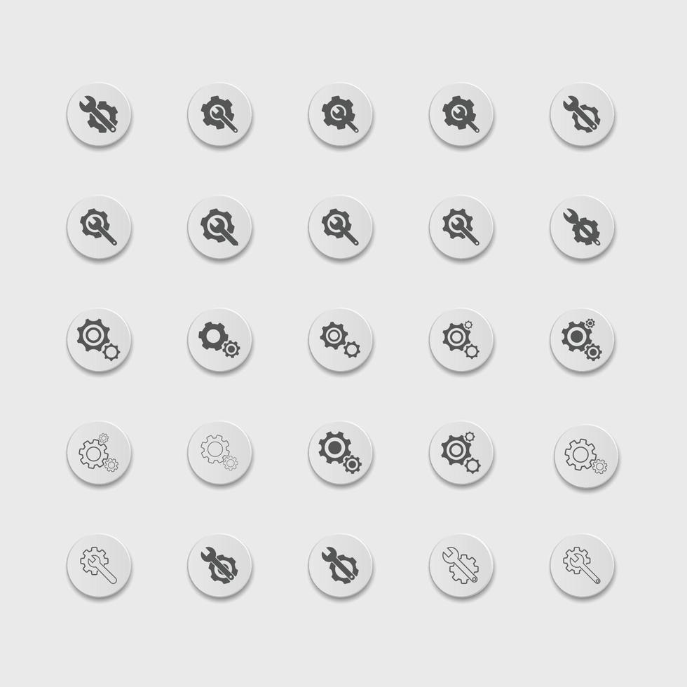 conjunto de iconos de engranaje y llave inglesa conjunto ilustración vectorial. paquete de iconos de herramientas de servicio para ui, redes sociales, sitio web aislado en fondo blanco. icono de configuración de estilo plano. vector