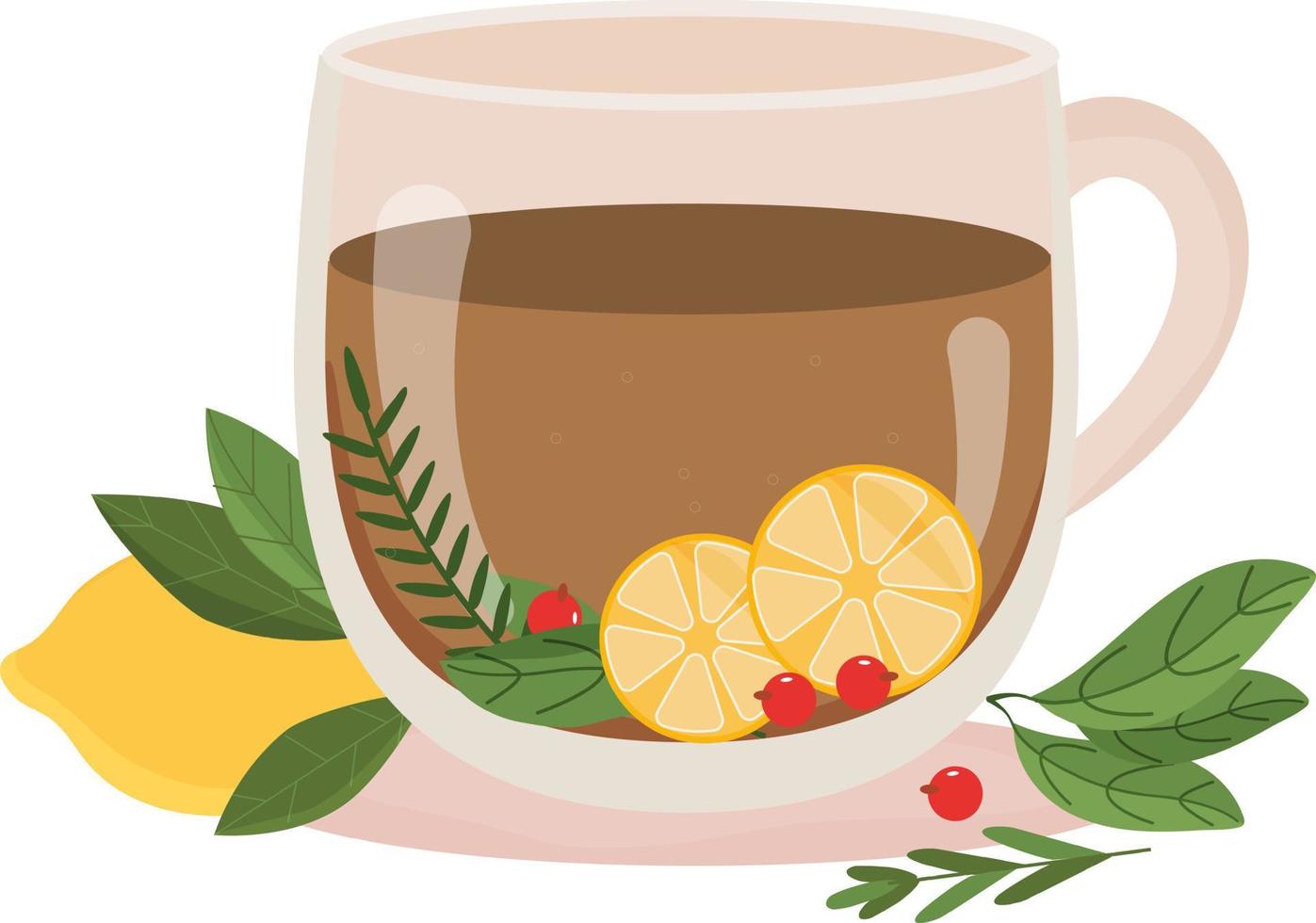 taza de té negro decorada con limón, bayas, hojas. té de hierbas. bebida caliente de otoño en taza transparente. tarjeta, cartel, invitación. ilustración vectorial en estilo flan. vector