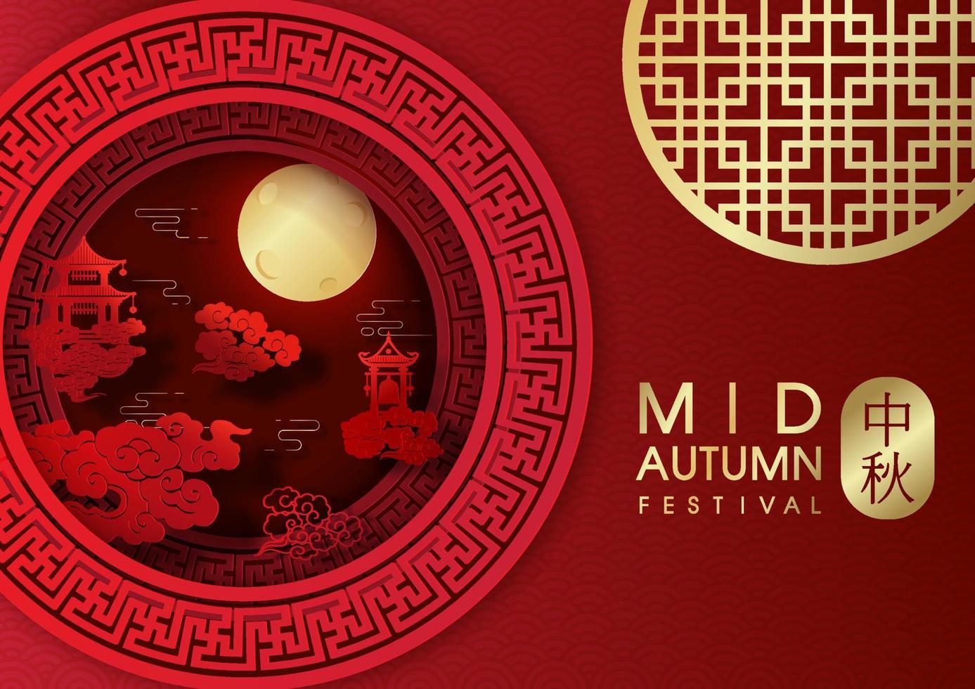 Chinese ancient buildings on clouds with bright full moon in layers decorated circles paper cut style and golden letters on red background. Chinese lettering means Mid Autumn Festival in English. vector