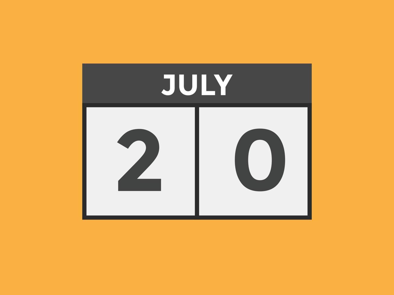 july 20 calendar reminder. 20th july daily calendar icon template. Calendar 20th july icon Design template. Vector illustration