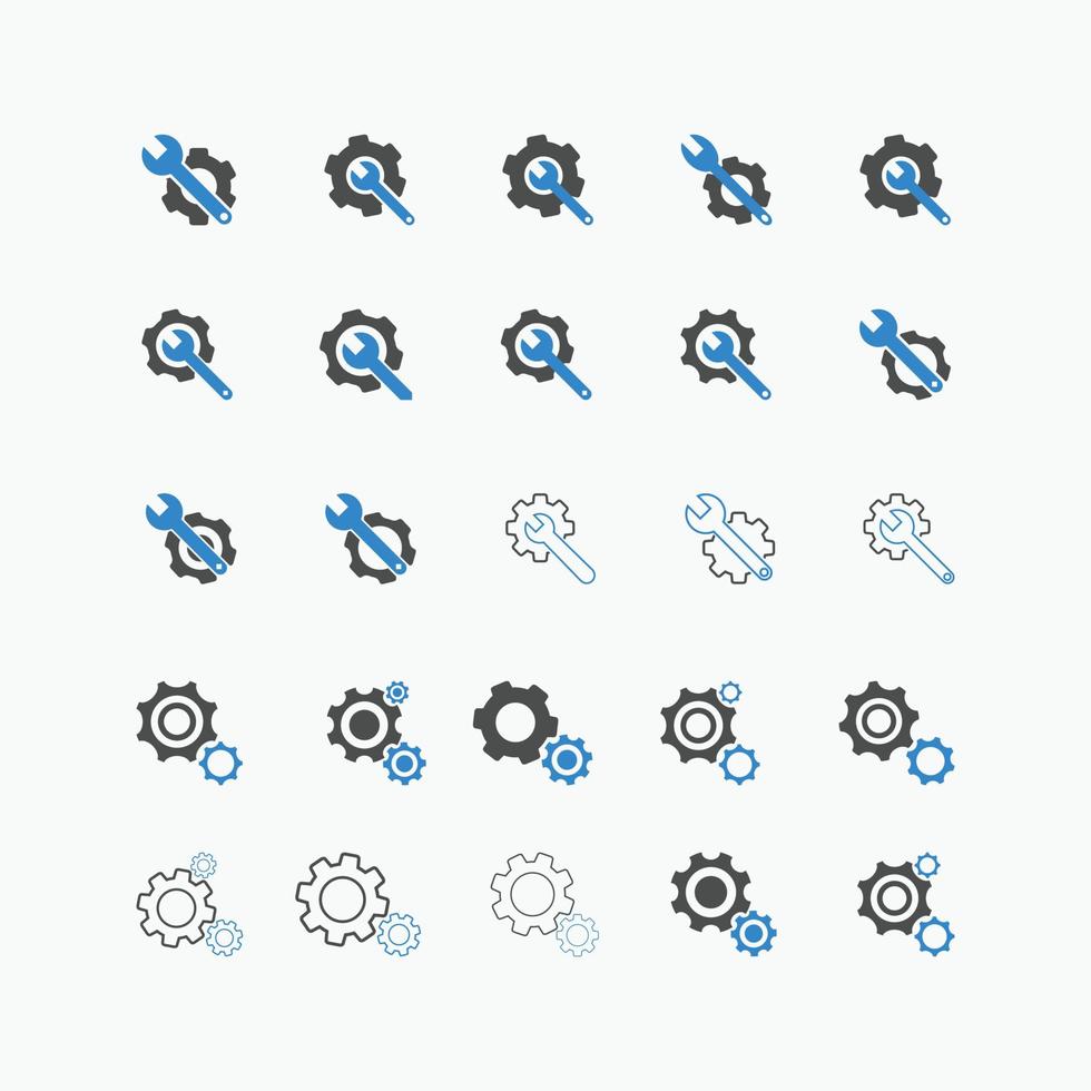 conjunto de iconos de engranaje y llave inglesa conjunto ilustración vectorial. paquete de iconos de herramientas de servicio para ui, redes sociales, sitio web aislado en fondo blanco. icono de configuración de estilo plano. vector