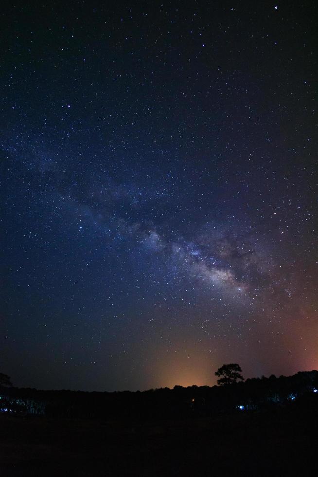 galaxia de la vía láctea y silueta de árbol con nube en el parque nacional phu hin rong kla, phitsanulok tailandia foto