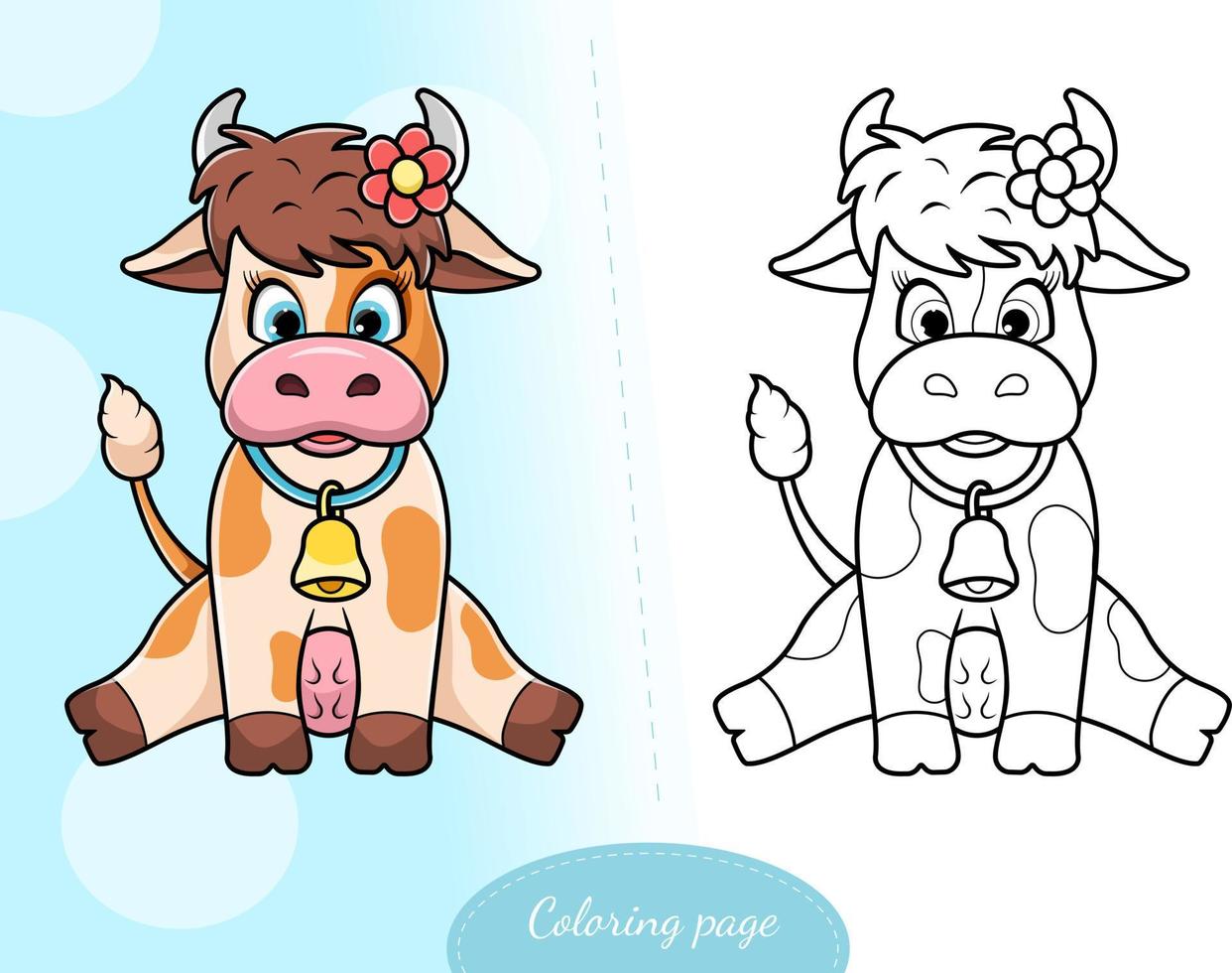 Coloring page. A cute cartoon cow with a bell vector