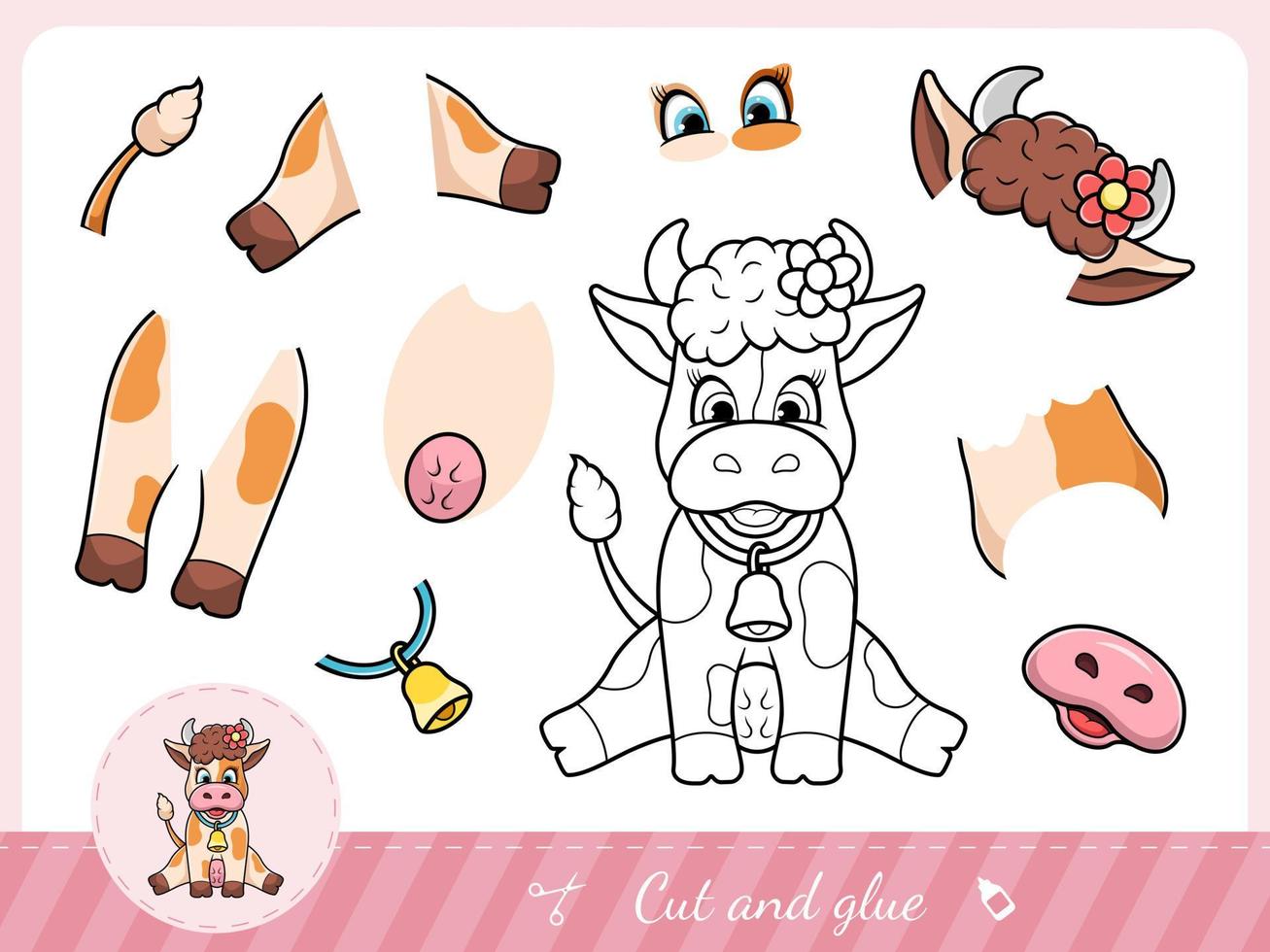 Cut and glue a little cartoon cow vector