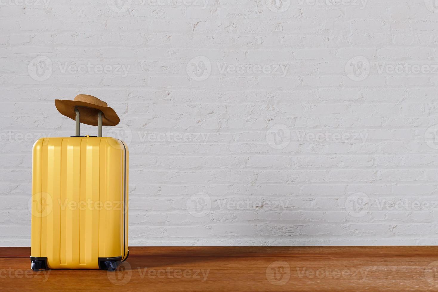 Yellow luggage hat on top summer travel tourism banner background design on white wall wooden floor leisure vacation 3d rendering image photo