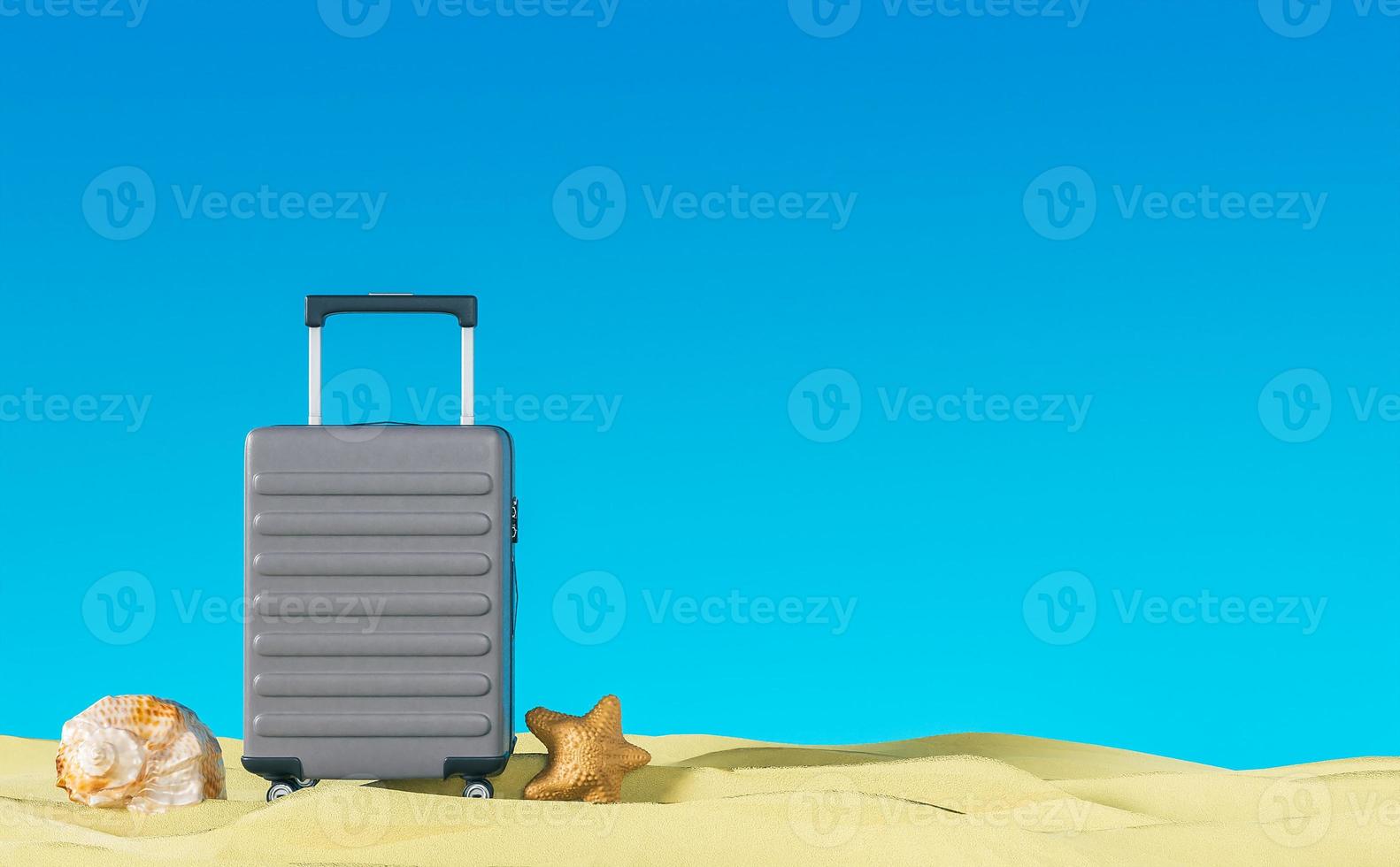 exhibición de equipaje de vacaciones de verano azul en el lado de la playa en arena amarilla fondo de diseño de banner de viaje imagen de representación 3d foto