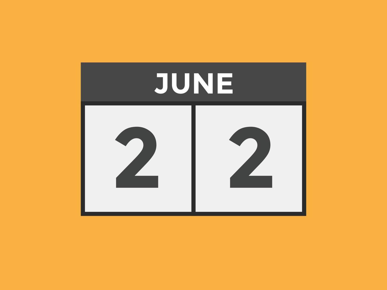 june 22 calendar reminder. 22th june daily calendar icon template. Calendar 22th june icon Design template. Vector illustration