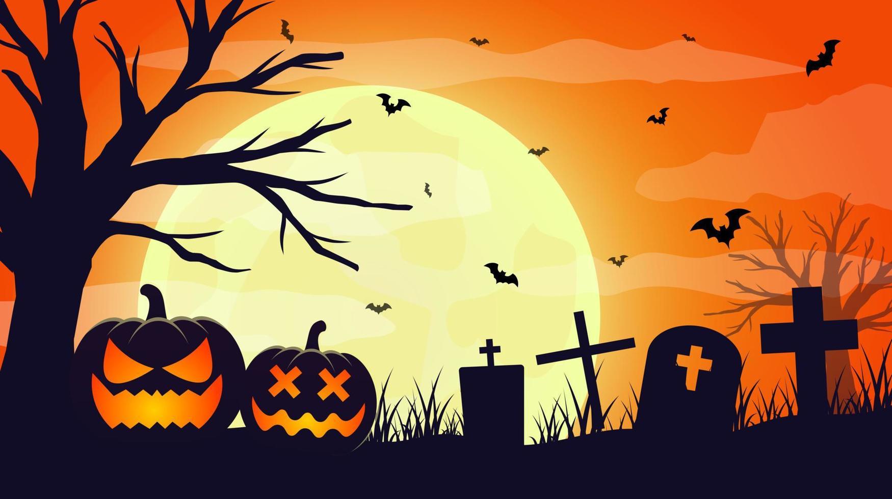 Halloween night background with silhouettes of halloween pumpkins, bats, graves on full moon. Halloween illustration on orange background vector