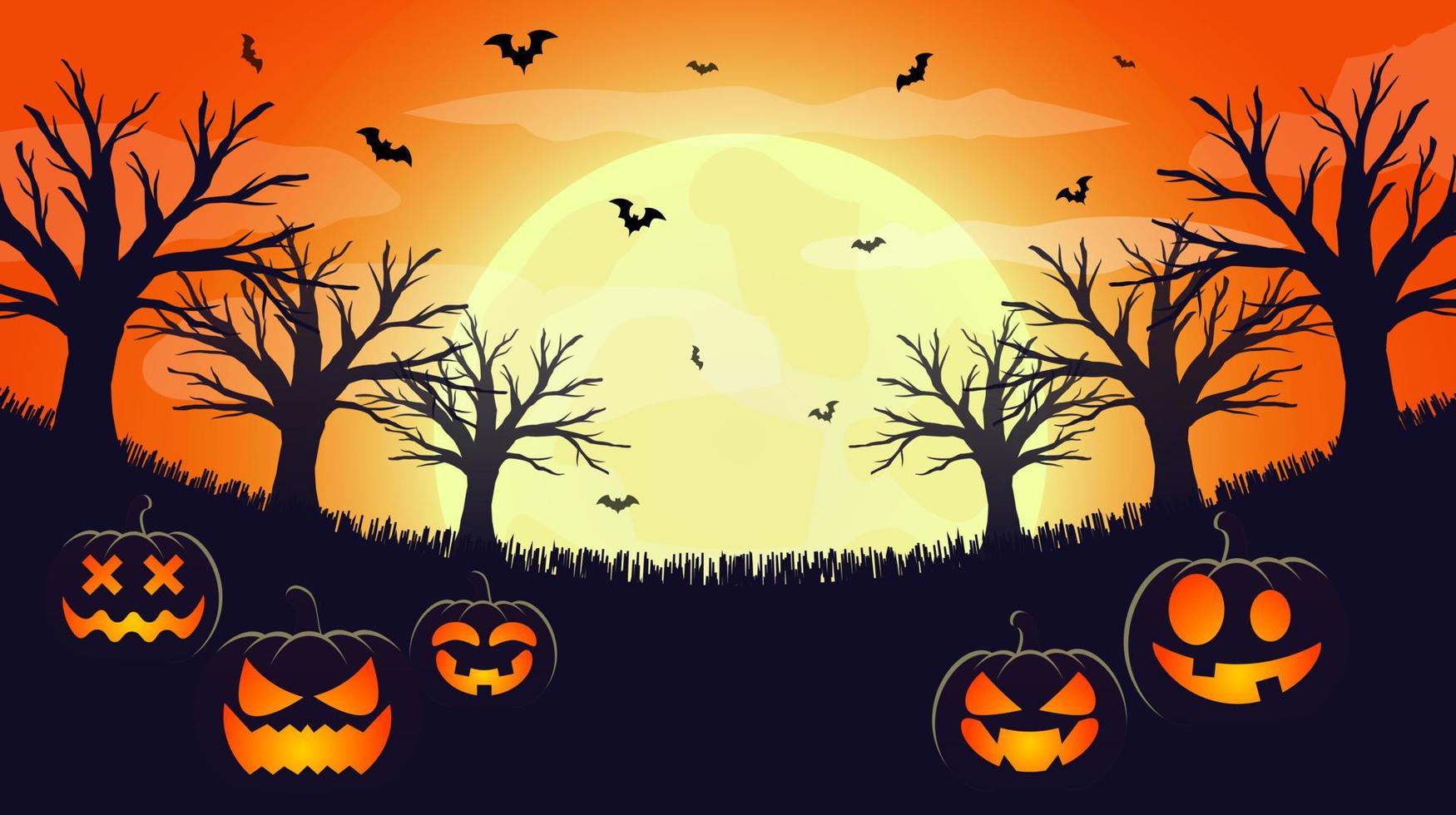 Scary halloween night background. Silhouette illustration of pumpkins, bats, trees on a full moon. Orange and yellow background vector