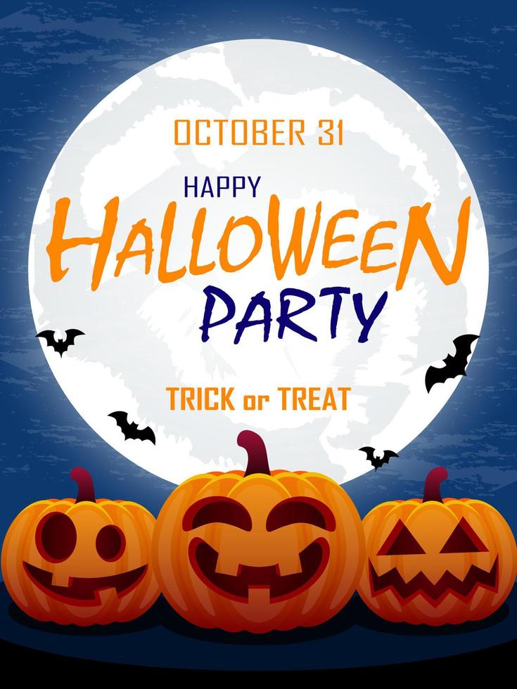 Halloween party. Halloween poster design with pumpkins, bats and full moon. Flyer template vector