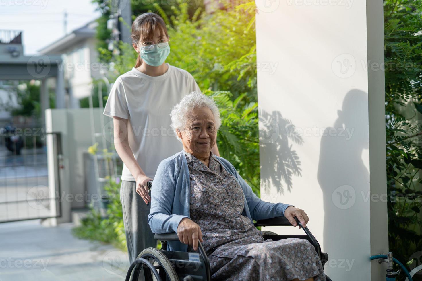 Caregiver help and care Asian senior or elderly old lady woman patient  sitting on wheelchair to ramp in nursing hospital, healthy strong medical  concept. 11057411 Stock Photo at Vecteezy