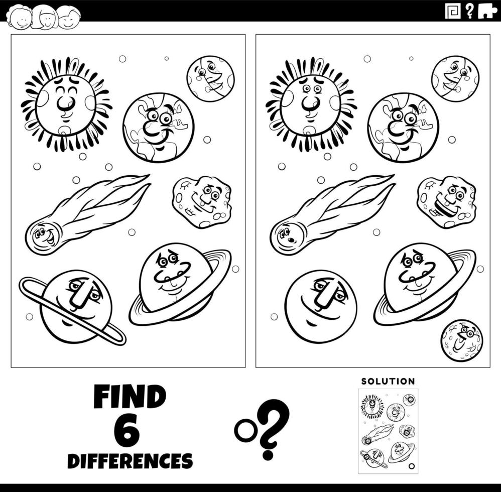 differences game with cartoon planets and orbs coloring page vector