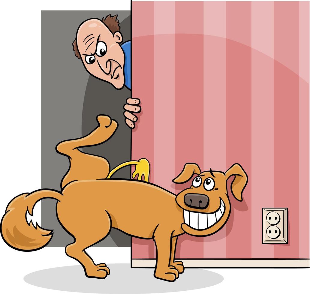 cartoon dog peeing on the wall at home and his angry owner vector