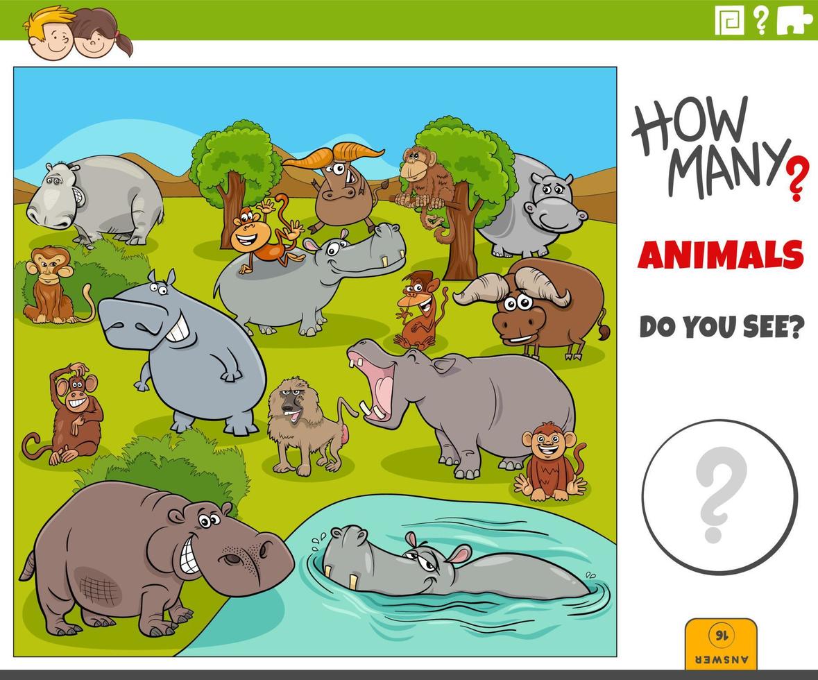 counting cartoon wild animals educational task vector