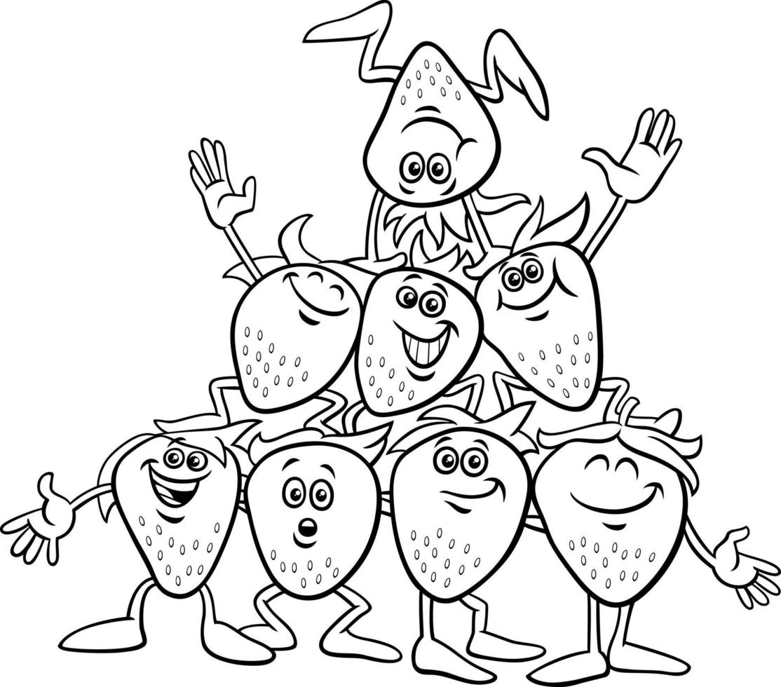 cartoon happy strawberries group coloring page vector