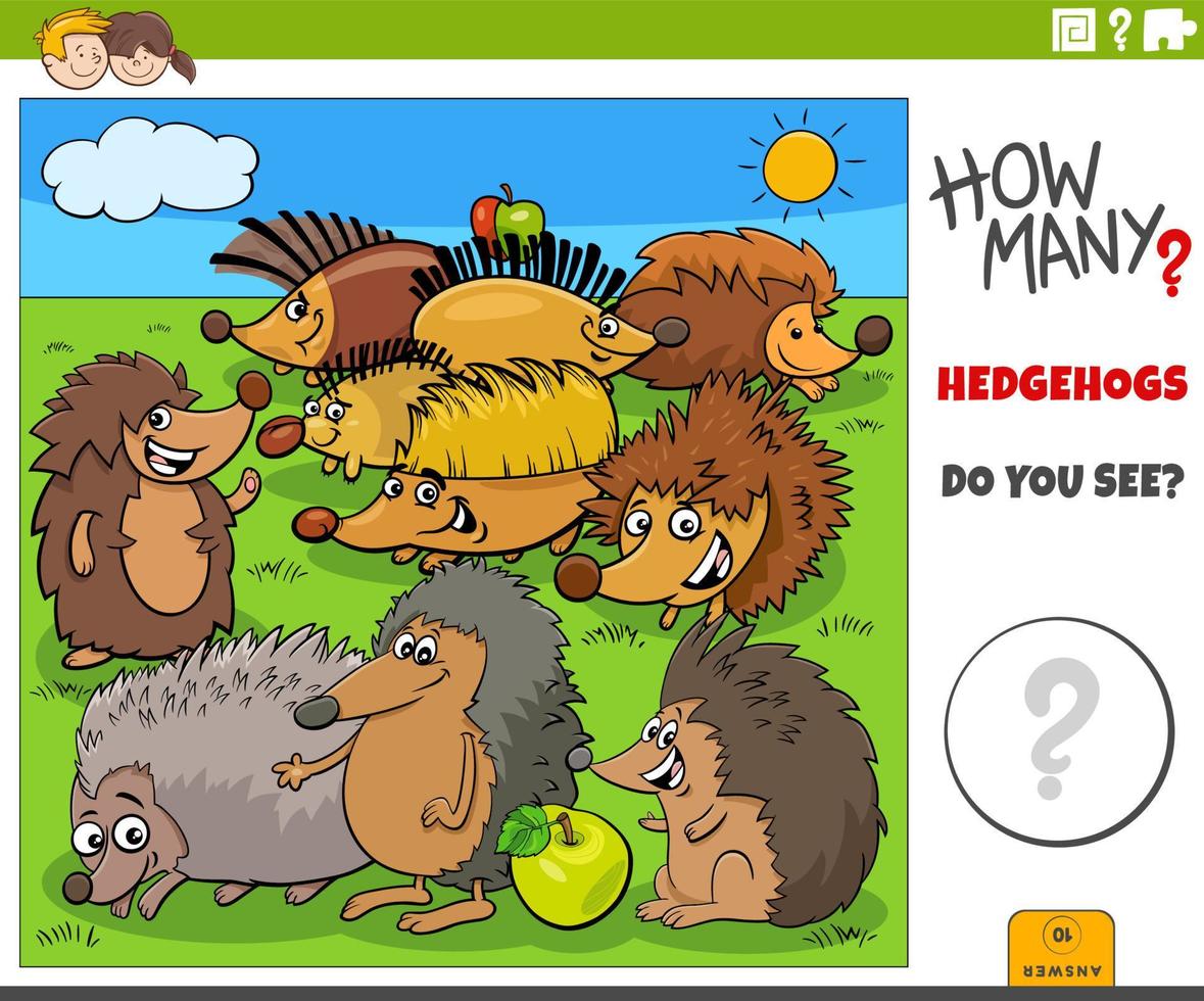 counting cartoon hedgehog animals educational task vector