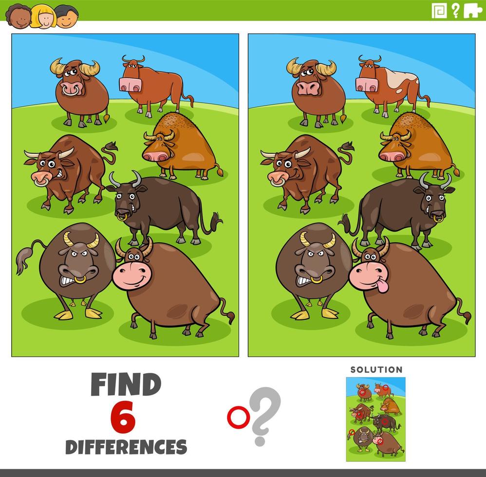 differences game with cartoon bulls farm animal characters vector