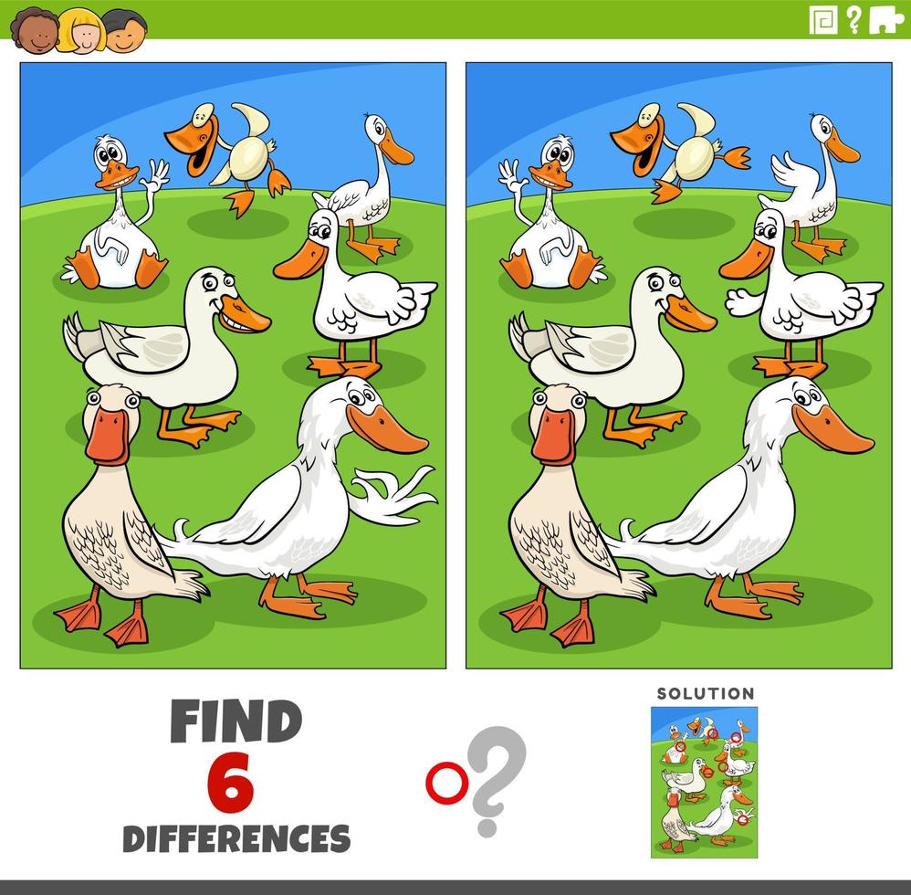 differences game with cartoon ducks farm animal characters vector