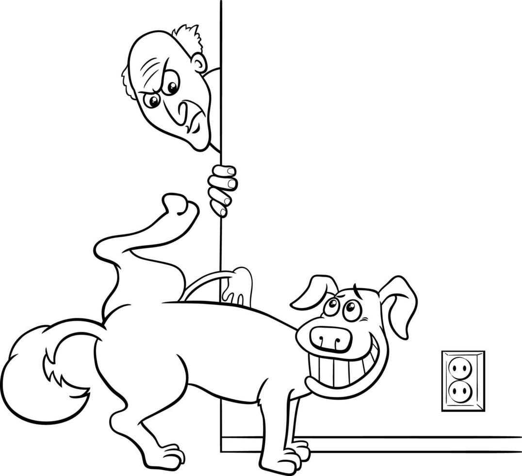 cartoon dog peeing at home and his angry owner coloring page vector