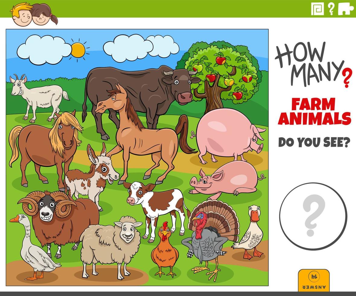 counting cartoon farm animals educational task vector