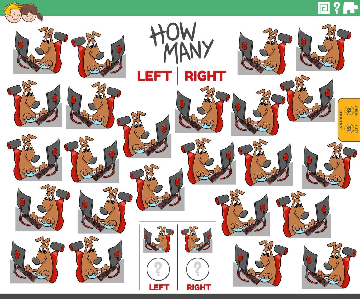 count left and right pictures of dog playing on computer vector
