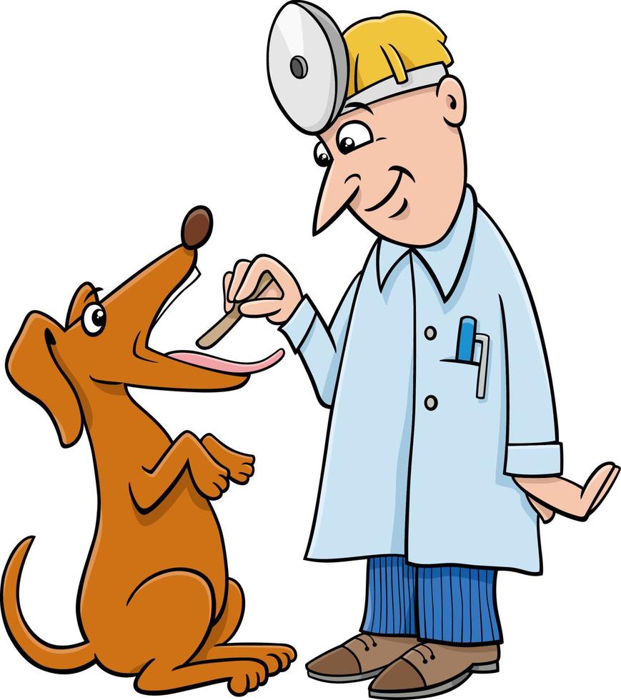 cartoon dog character at the vet having throat exam vector