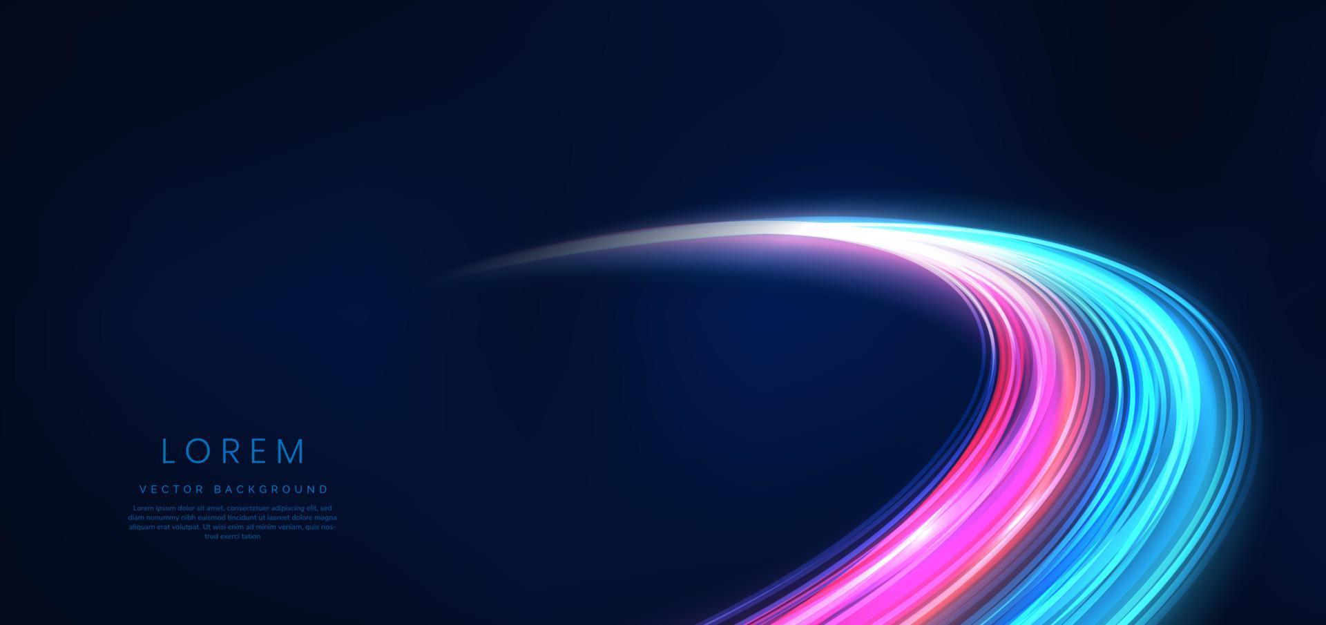 Abstract technology futuristic glowing blue and red  light curved lines with speed motion blur effect on dark blue background. vector