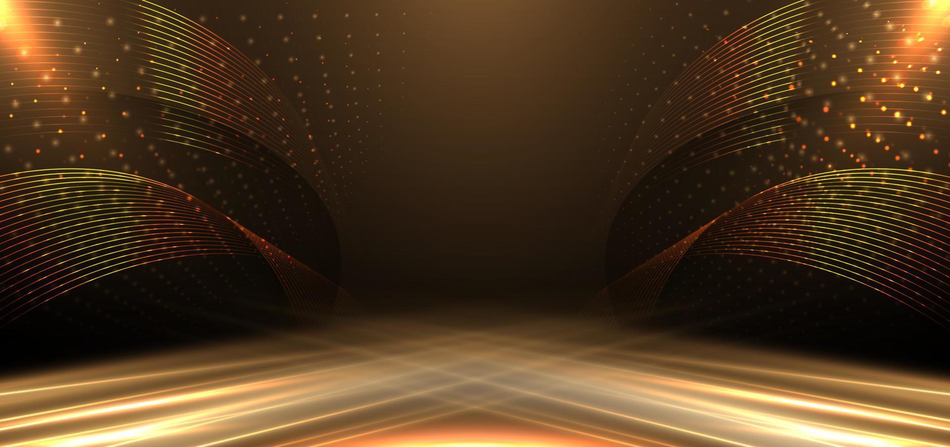 Elegant golden stage diagonal glowing with lighting effect sparkle on black background. Template premium award design. vector