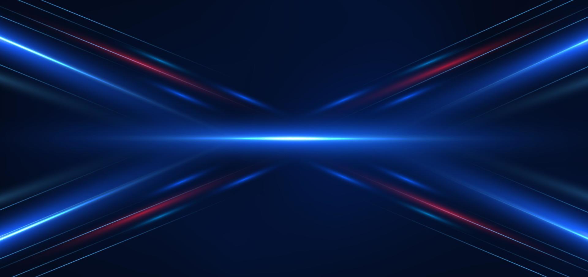 Abstract technology futuristic glowing blue and red  light lines with speed motion blur effect on dark blue background. vector