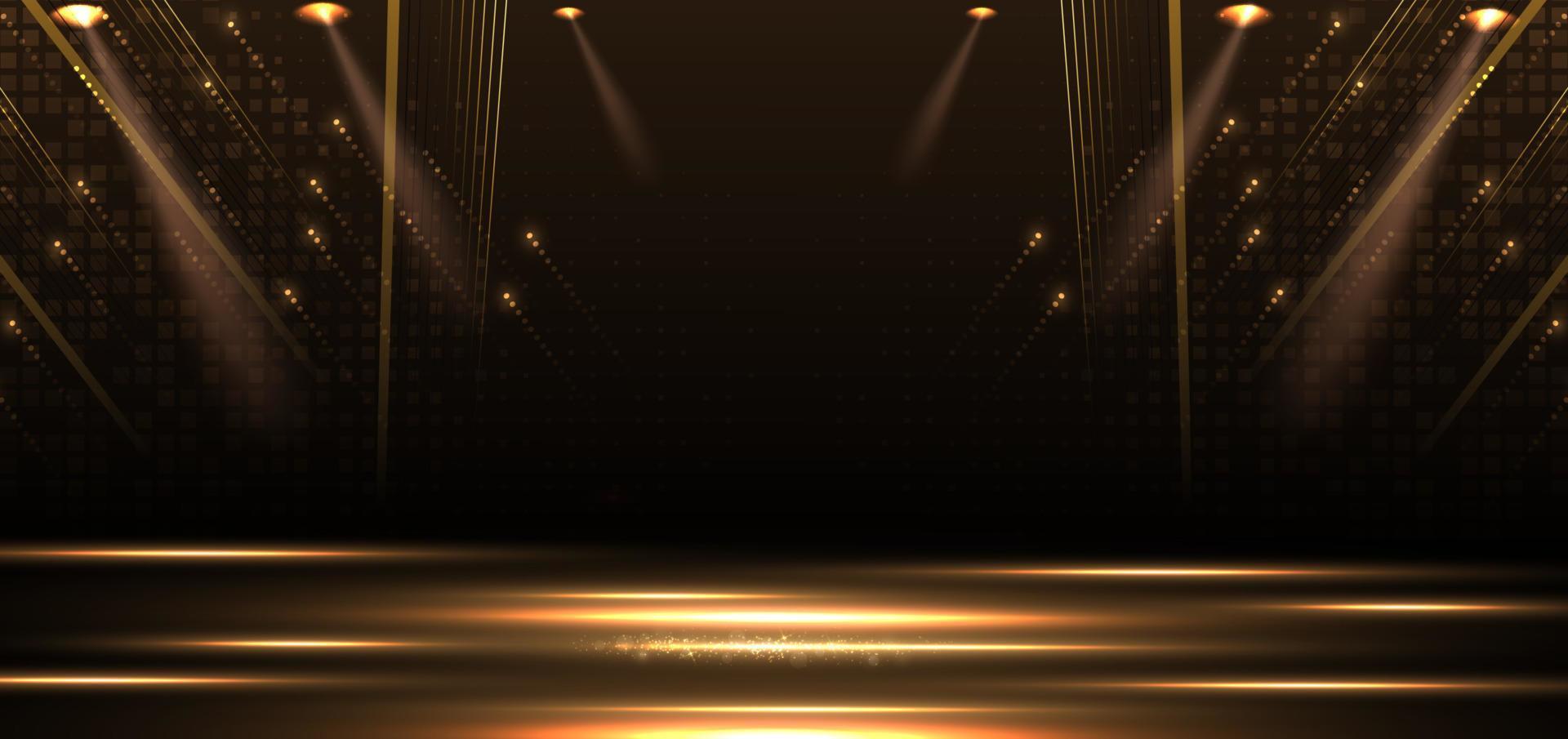 elegante escenario dorado vertical que brilla intensamente con efecto de iluminación sobre fondo negro. vector