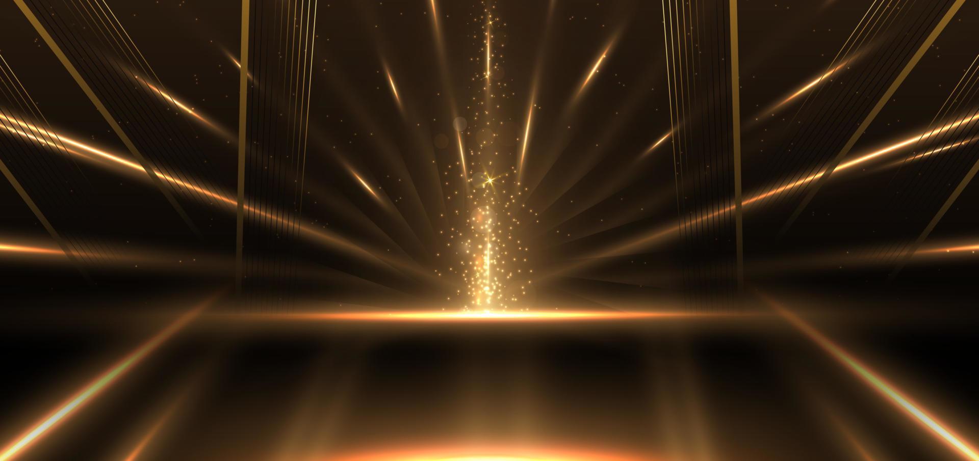 Abstract elegant gold glowing with lighting effect sparkle on black background. Template premium award design. vector